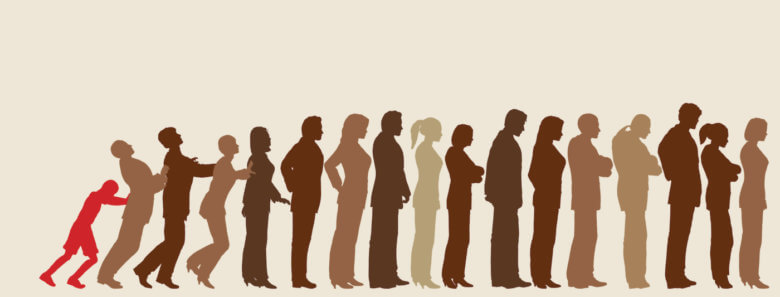 Line of people with one person pushing