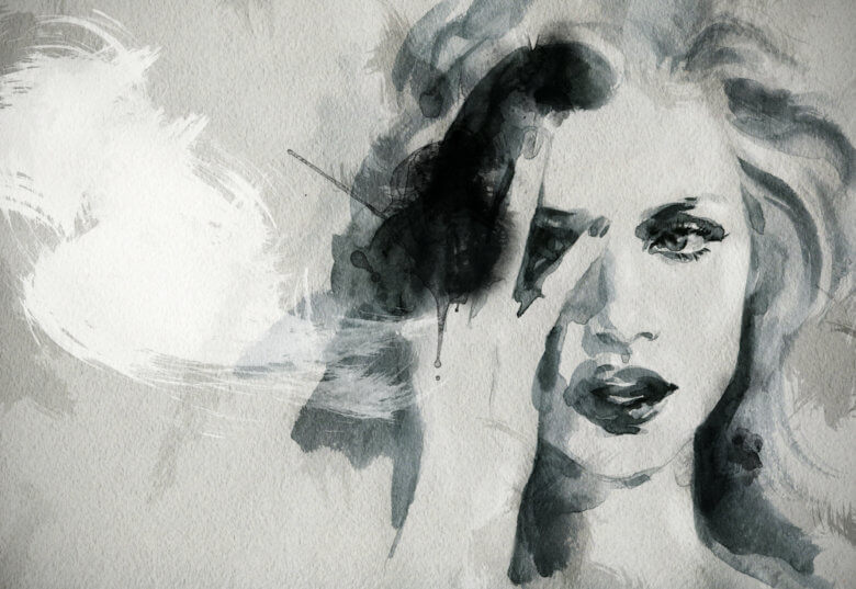 Black and white watercolor painting of a portrait of a woman