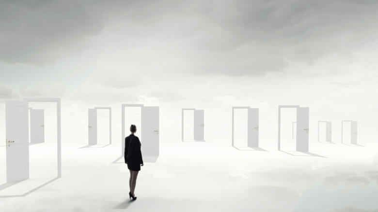 Woman choosing doors